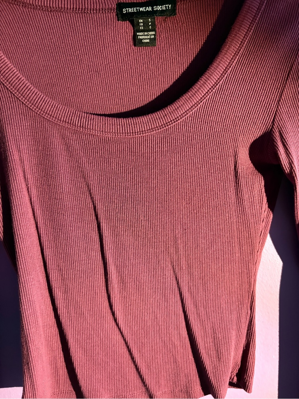 Burgundy Swoop-Neck Long Sleeve Ribbed - Picture 3 of 6